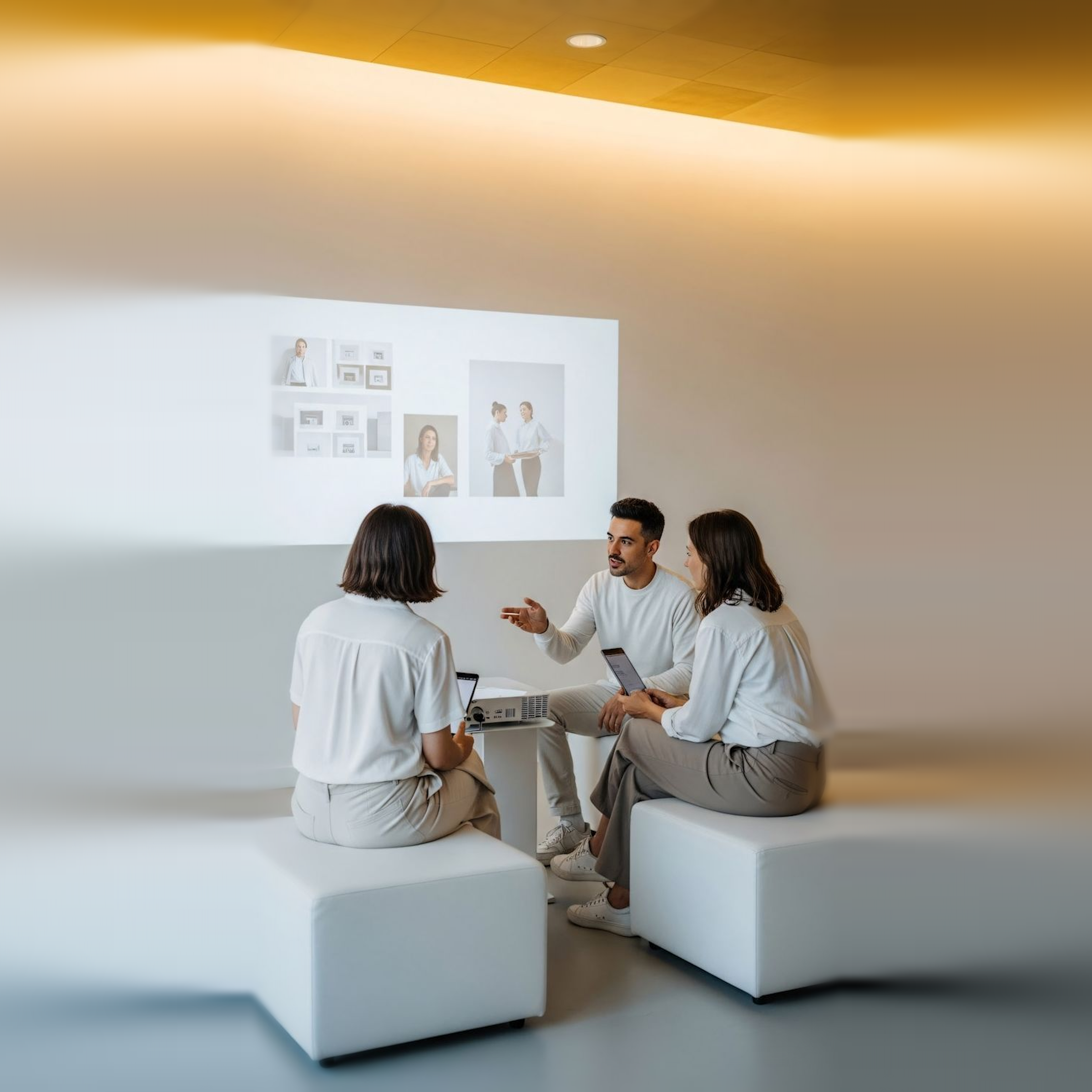 Three people sitting on white cushioned stools in a modern room, looking at projected images on a wall while holding digital tablets.